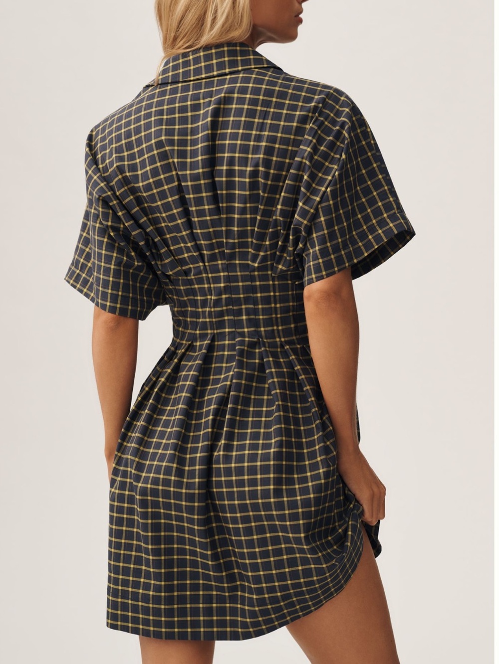 Exquise Tobie Short-Sleeve Pleated Mini Shirt Dress Navy Plaid Anthropologie